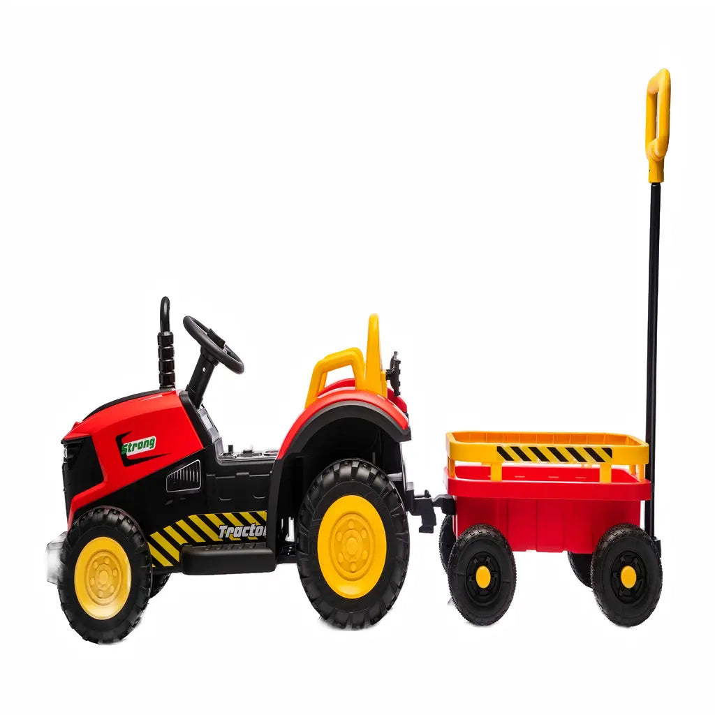 Tractor Electric KIDOO pentru Copii cu Telecomandă 2.4G, Remorcă Detașabilă, 12V 4.5Ah, 2 Motoare 380, Lumini LED, Muzică, Centură de Siguranță, Roșu/Galben