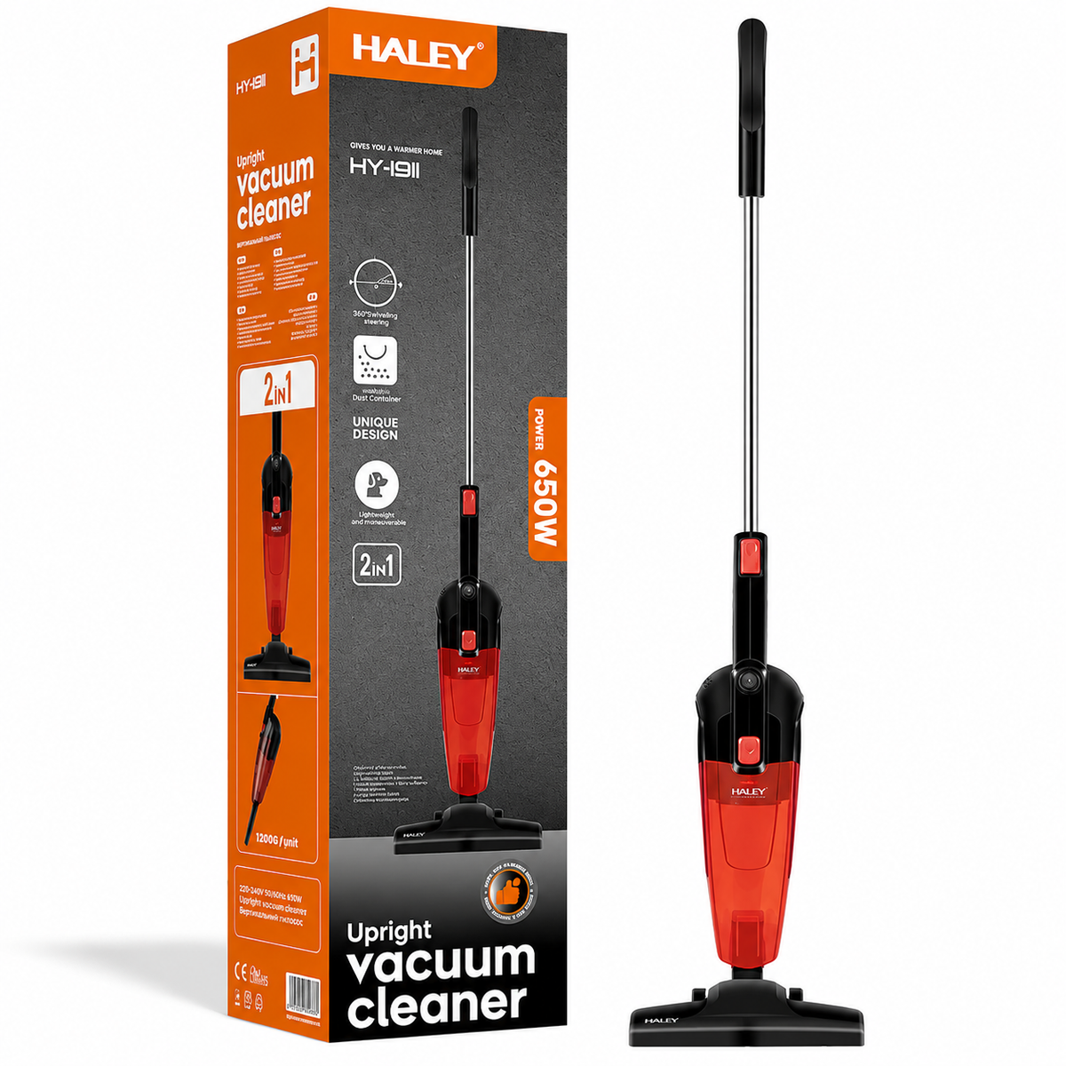 Aspirator Vertical 2 în 1 HALEY HY-1911, 650W, Recipient 1,2L, Tehnologie Ciclon, Filtrare în 4 Trepte, Rază 5 m