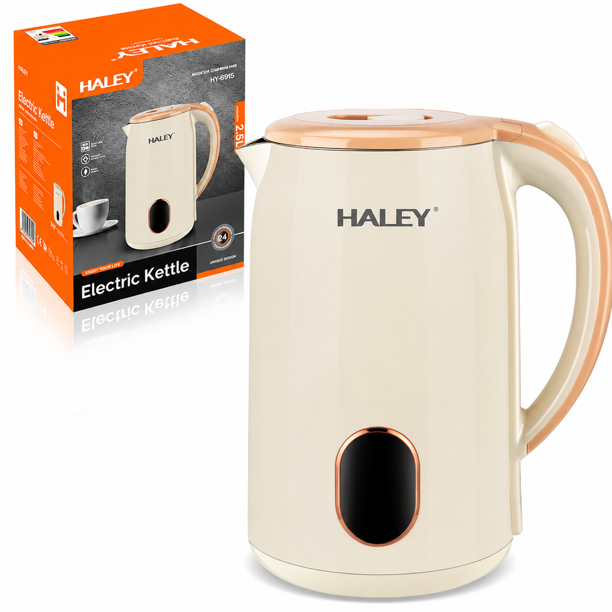 Fierbător Electric HALEY HY-8915, 2,5L, 2000W, Inox SUS 304, Bază Rotativă 360°, Oprire Automată, Protecție Fierbere Fără Apă
