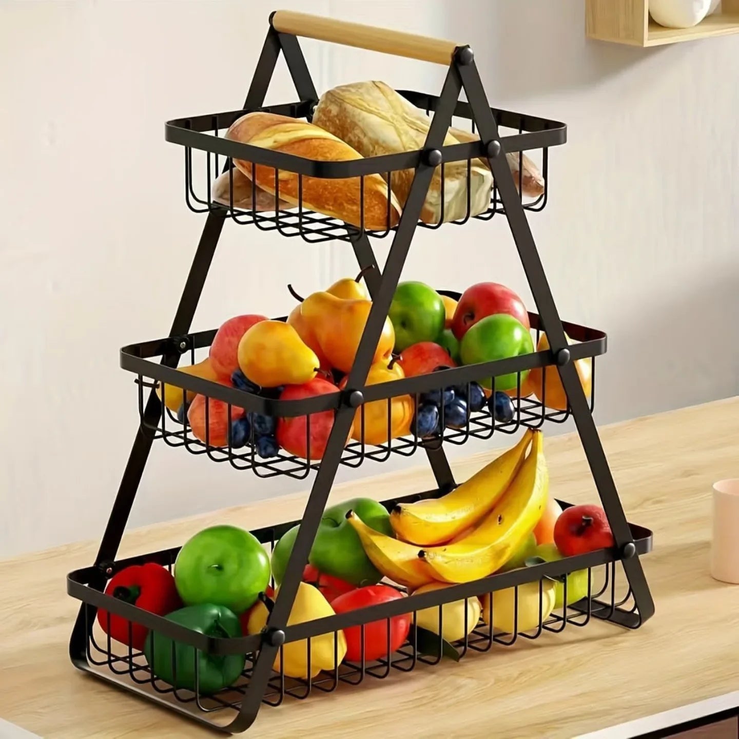 Cos de fructe, AT PERFORMANCE® decorativ, Metal, 3 etaje, Negru