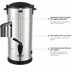 Termos Electric Profesional HALEY HY-6935L, 35L, 2500W, Inox 304, Robinet, Indicator Nivel Apă, Menținere Temperatură