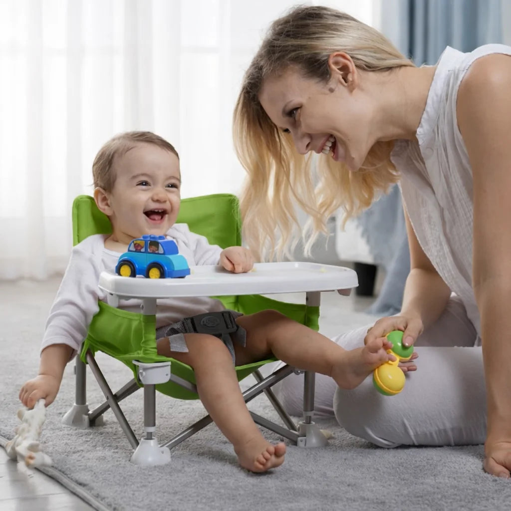 Scaun bebe, pliabil, compact, portabil, usor de depozitat, cu tava detasabila, pentru masa si joaca, cu spatiu de depozitare, ham de siguranta in 5 puncte