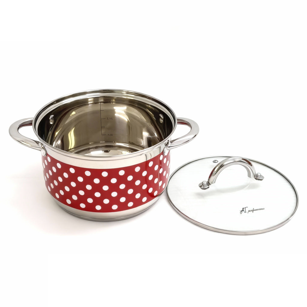 Set Oale din inox 3 Piese cu Capace din Sticlă – Design cu Buline, Compatibile cu Toate Sursele de Căldură