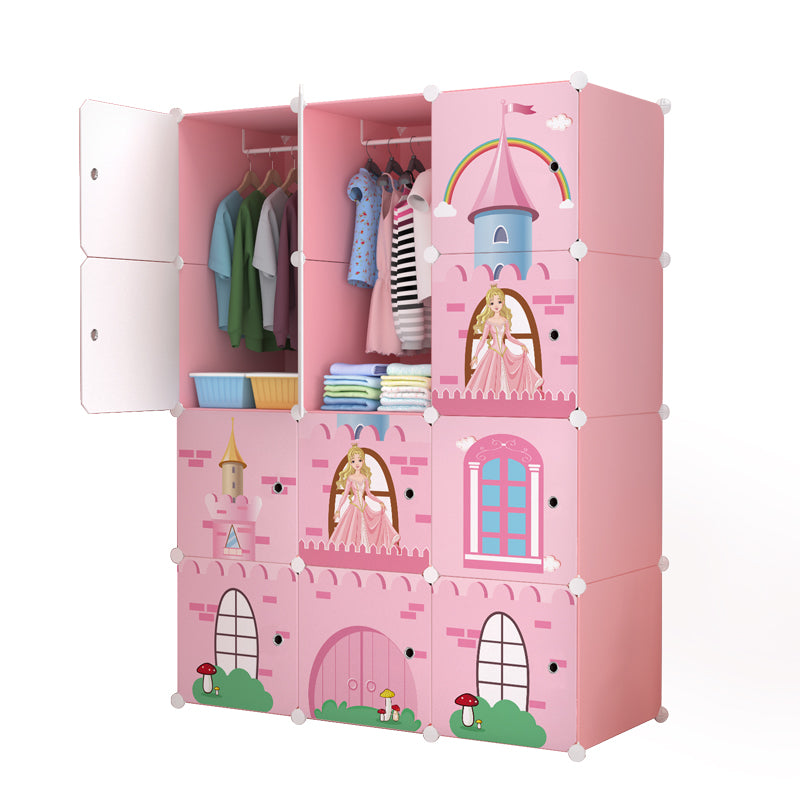Dulap modular pentru copii, roz, AT PERFORMANCE®, 12 rafturi, durabil, 110X37X147 cm, castel printese