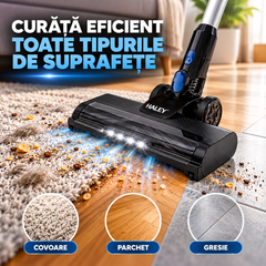 Aspirator Vertical Fără Fir 2 în 1 HALEY HY-3913, 300W, Acumulator Li-Ion 22.2V 2200mAh, Autonomie până la 35 min, Recipient 1L, Perie LED, Negru/Argintiu