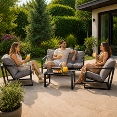Set Mobilier Grădină AT PERFORMANCE® 4 Piese, Canapea 2 Locuri + 2 Fotolii + Măsuță cu Sticlă Securizată Neagră, Cadru Metalic