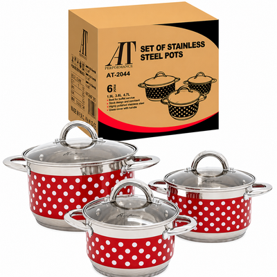 Set Oale din inox 3 Piese cu Capace din Sticlă – Design cu Buline, Compatibile cu Toate Sursele de Căldură