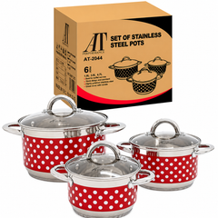 Set Oale din inox 3 Piese cu Capace din Sticlă – Design cu Buline, Compatibile cu Toate Sursele de Căldură