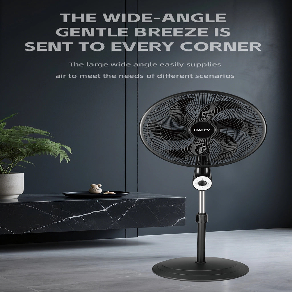 Ventilator cu Picior HALEY HY-6016, 18 Inch, 6 Pale, 3 în 1 (Podea/Masă), 3 Trepte de Viteză, Oscilație Orizontală, Înălțime Reglabilă, Motor Puternic și Silențios, Negru