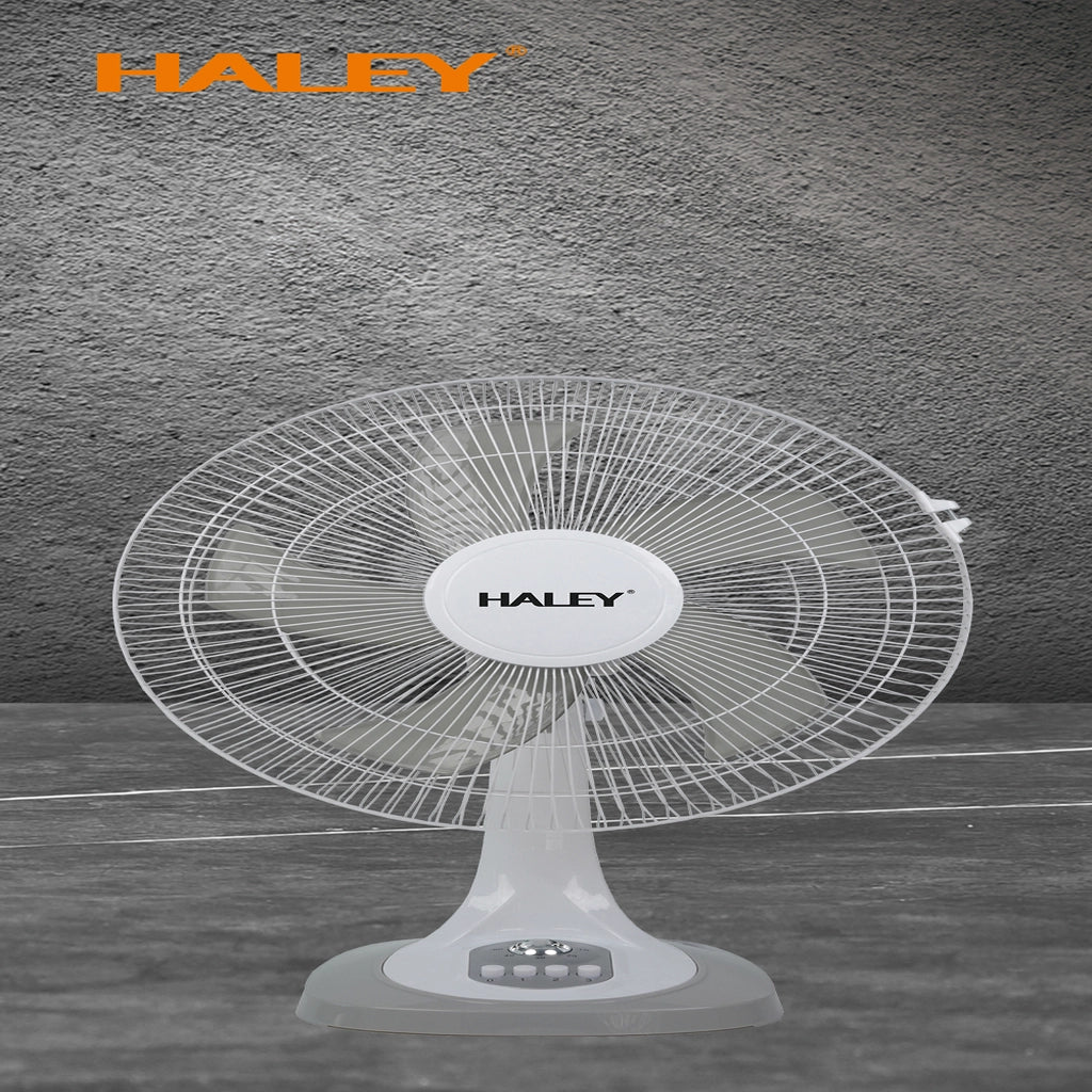 Ventilator de Masă HALEY HY-6018, 16 Inch, 5 Pale, 3 Trepte de Viteză, Oscilație Orizontală, Motor Puternic și Silențios, Alb