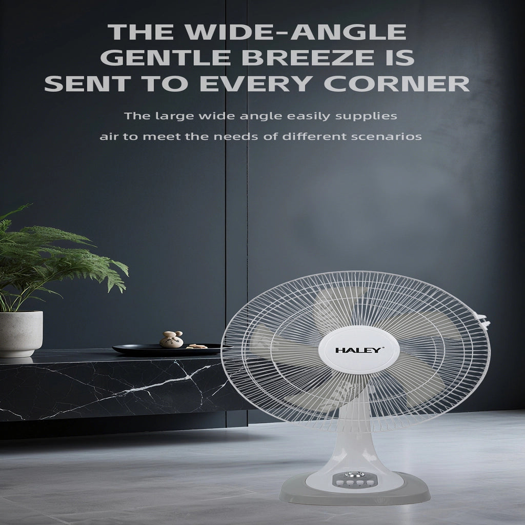 Ventilator de Masă HALEY HY-6018, 16 Inch, 5 Pale, 3 Trepte de Viteză, Oscilație Orizontală, Motor Puternic și Silențios, Alb