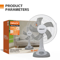 Ventilator de Masă HALEY HY-6018, 16 Inch, 5 Pale, 3 Trepte de Viteză, Oscilație Orizontală, Motor Puternic și Silențios, Alb