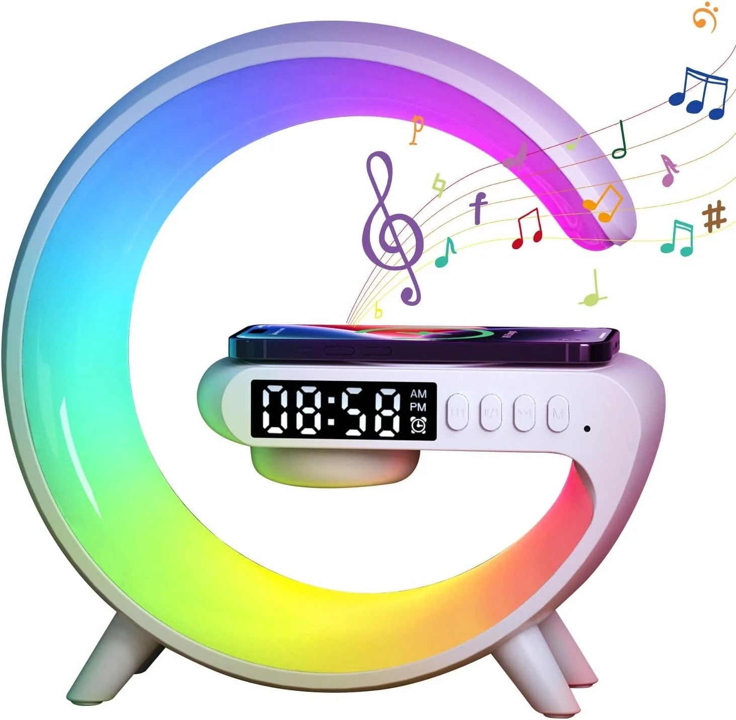 Lampa led RGB de masa 3in1, At Performance, cu Statie incarcare wireless, Muzica Bluetooth, FM, USB, 1500mh, Alb