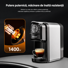 Espressor Cu Capsule HALEY HY-2833 4 În 1, 20 Bari, 1400W, Rezervor 700 ml, Control Tactil, Temperatură Reglabilă