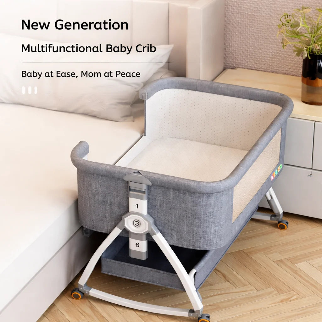 Pat portabil pentru bebeluși AT PERFORMANCE® 3 în 1 cu saltea confortabilă, înălțime reglabilă, roți și pliere ușoară – ideal pentru nou-născuți, gri