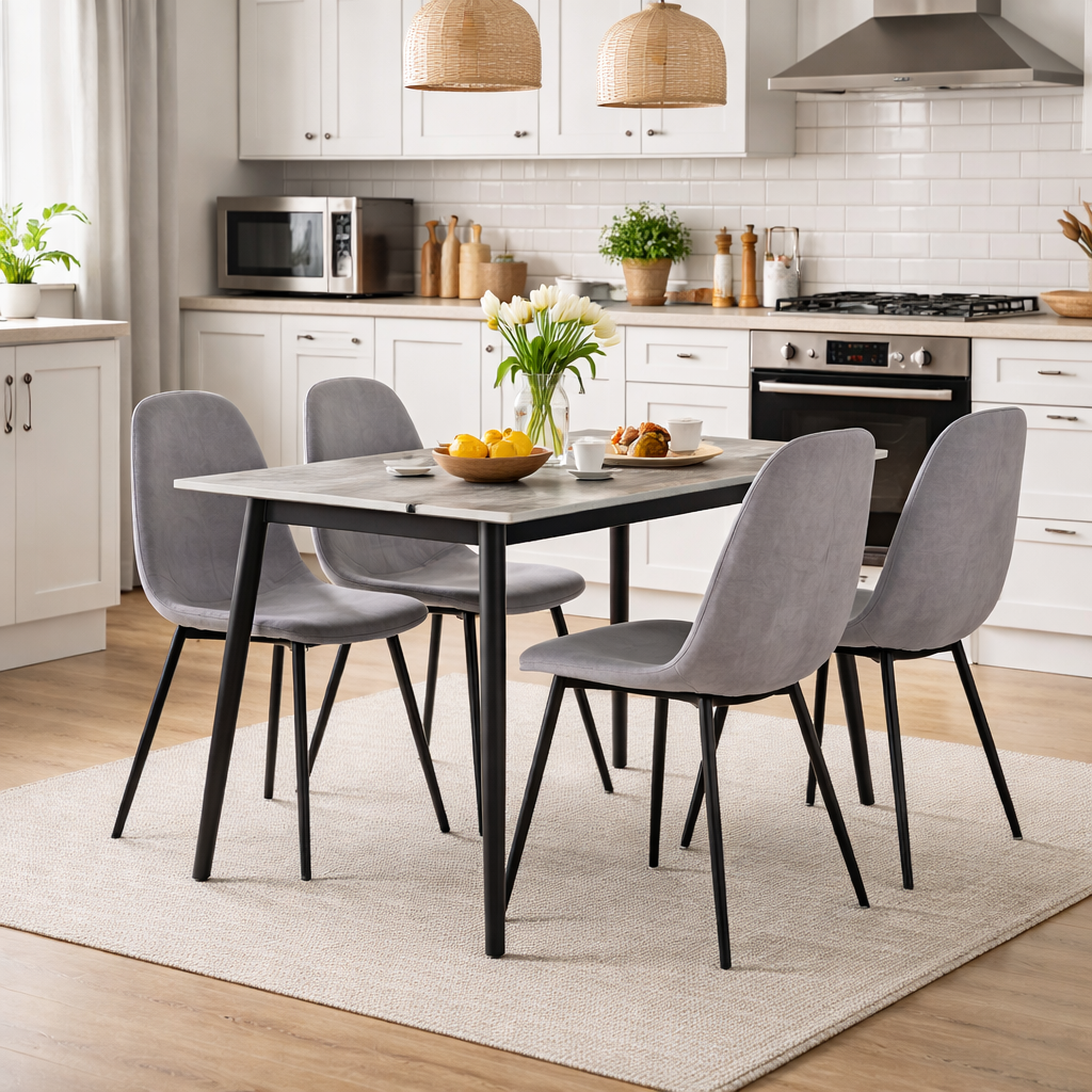 Set masă Bucatarie / Sufragerie cu 4 scaune, blat sintered stone gri și catifea, 120x70 cm