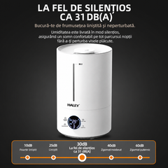 Umidificator de Aer HALEY HY-3101, Rezervor 5L, Umidificare 360°, Intensitate Reglabilă, Umplere de Sus, Panou Digital, 1000W, Alb