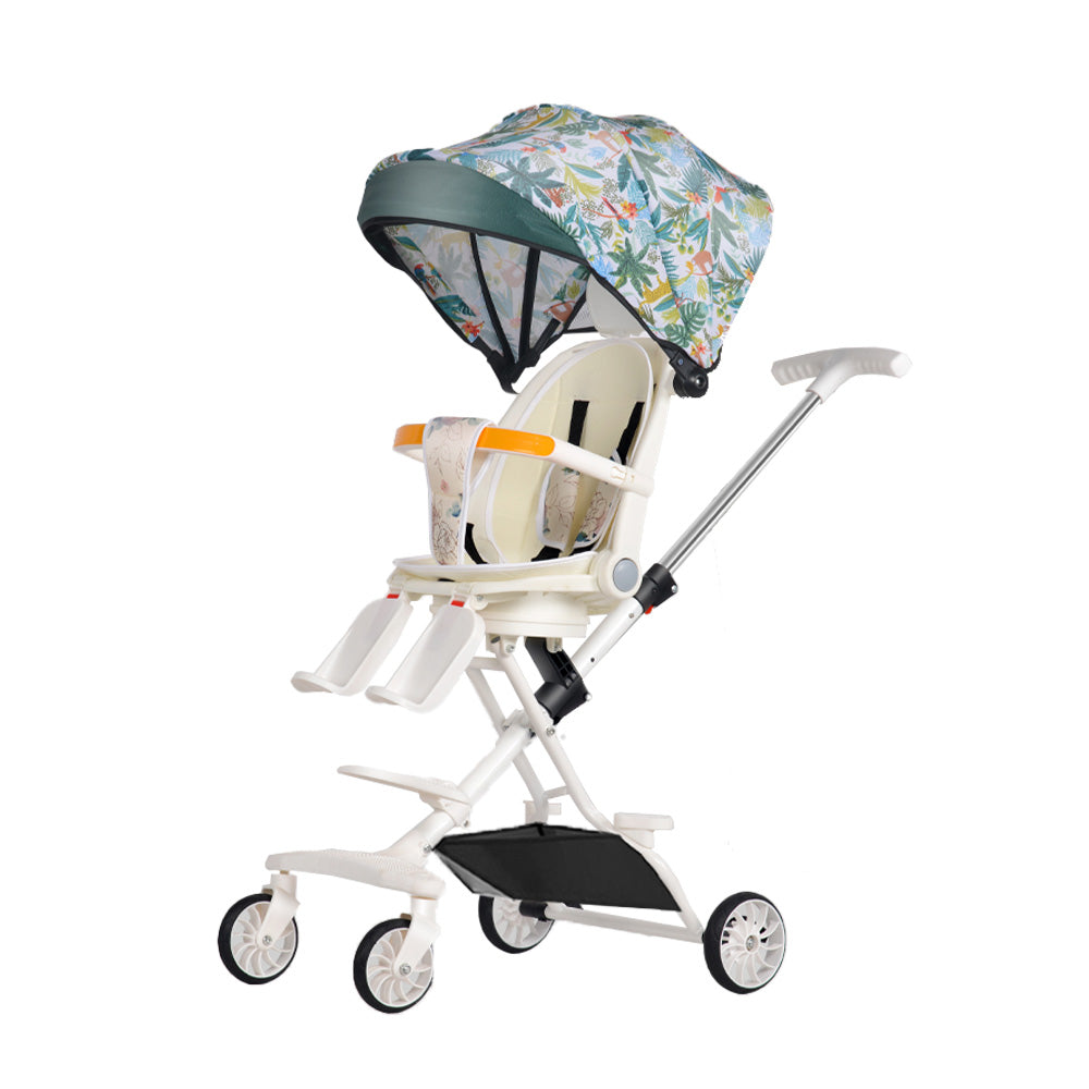 Cărucior Sport Bebe Pliabil cu Șezut Rotativ 360°, Spătar Reglabil, Coș de Cumpărături, Roți EVA și Frână – AT PERFORMANCE®, Alb/Albastru/Roz