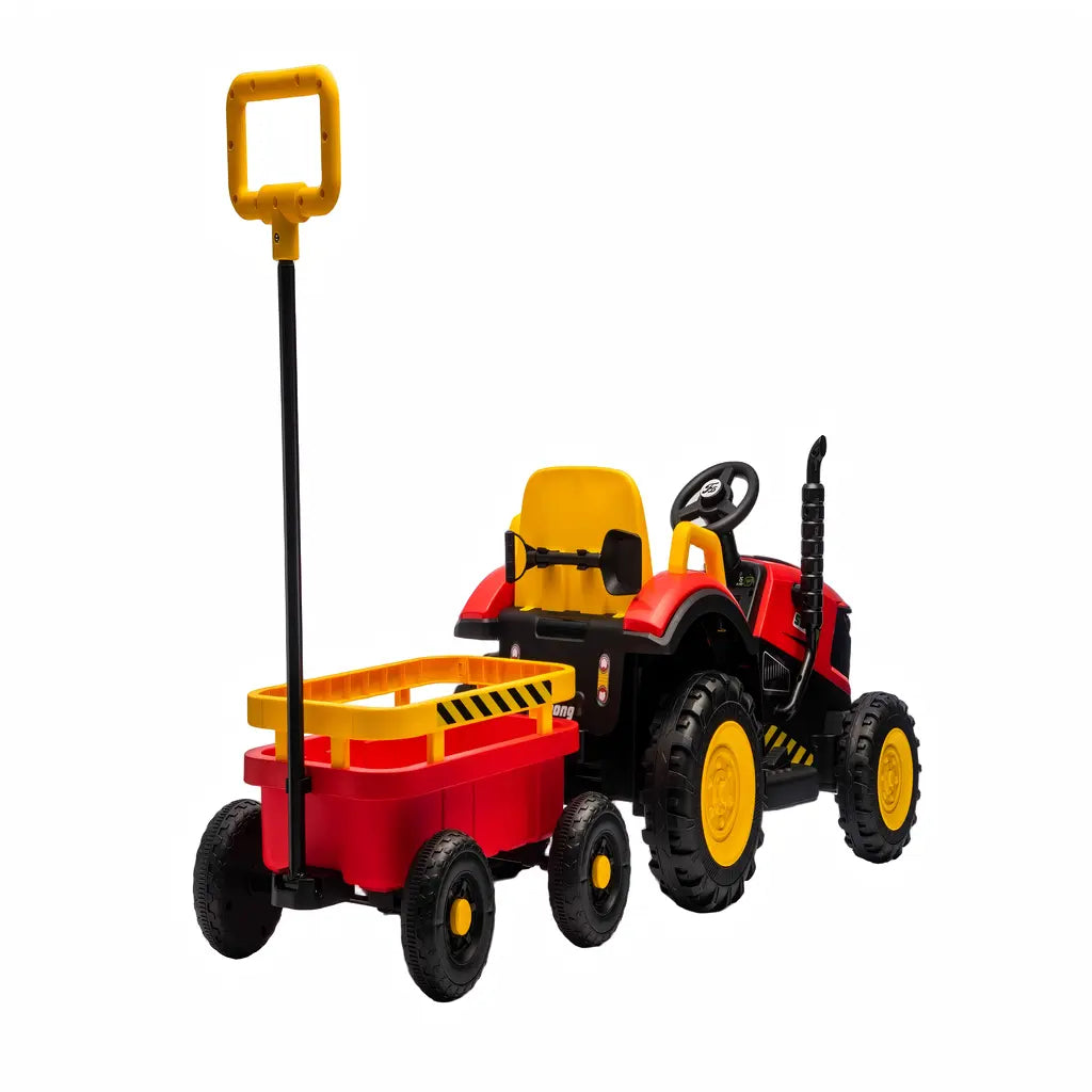 Tractor Electric KIDOO pentru Copii cu Telecomandă 2.4G, Remorcă Detașabilă, 12V 4.5Ah, 2 Motoare 380, Lumini LED, Muzică, Centură de Siguranță, Roșu/Galben