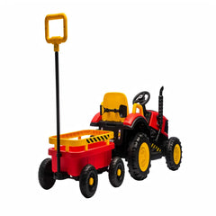 Tractor Electric KIDOO pentru Copii cu Telecomandă 2.4G, Remorcă Detașabilă, 12V 4.5Ah, 2 Motoare 380, Lumini LED, Muzică, Centură de Siguranță, Roșu/Galben