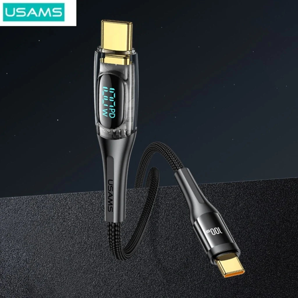 Cablu de Date &amp; Încărcare Rapidă USAMS Shadow Series, USB-C la USB-C, 100W PD, Display Digital LED, Nylon Împletit, 1.2m