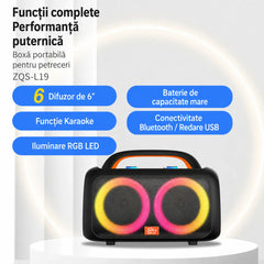 Boxă Portabilă Bluetooth Sing-e ZQS-L19, Karaoke, 1400W, 2 Microfoane Wireless Incluse, RGB LED, USB, TF Card, FM Radio, TWS, Acumulator Reîncărcabil, Negru