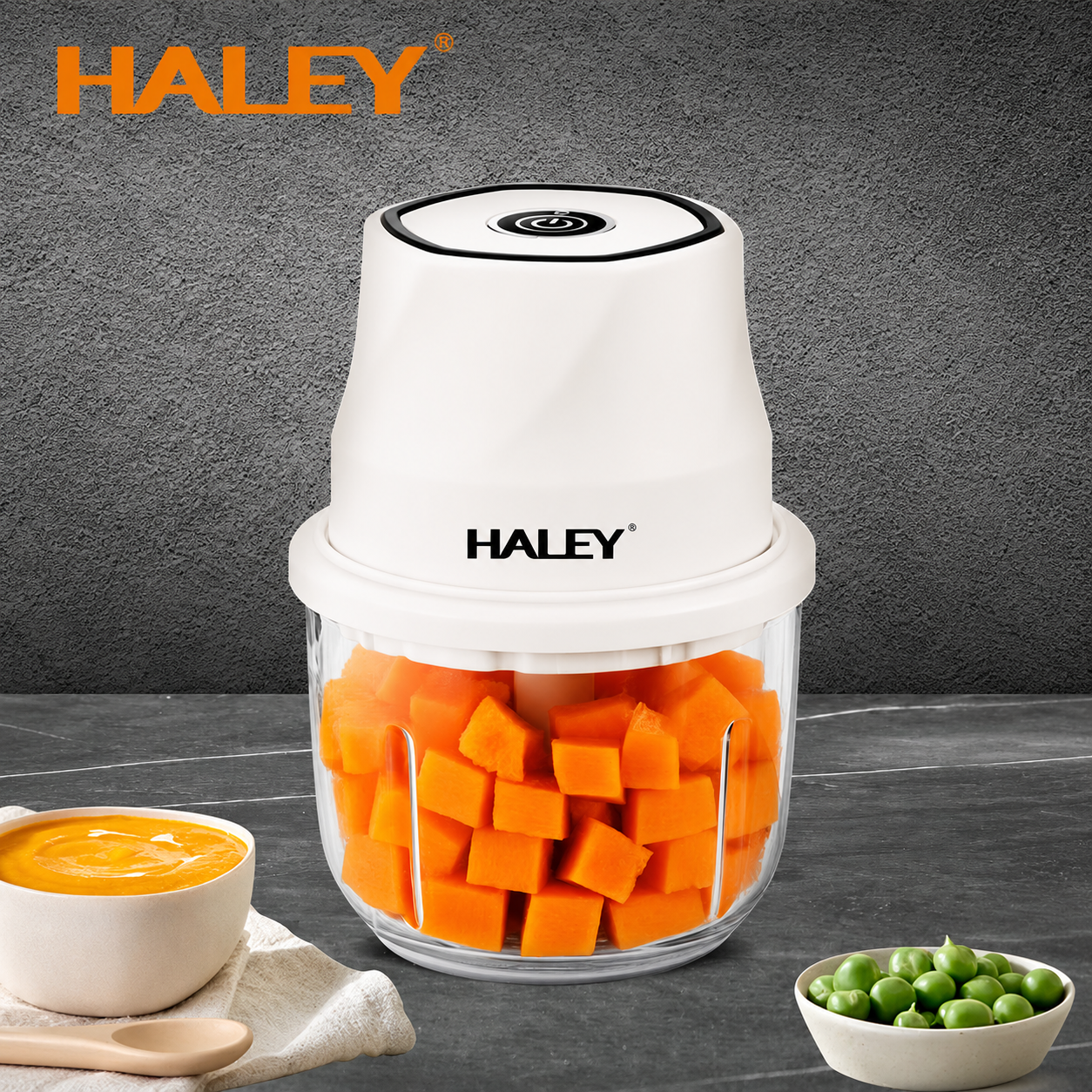 Aparat pentru prepararea și mărunțirea alimentelor HALEY HY-1255, 300W, recipient din sticlă 350 ml, 6 lame din oțel inoxidabil, încărcare USB Type-C