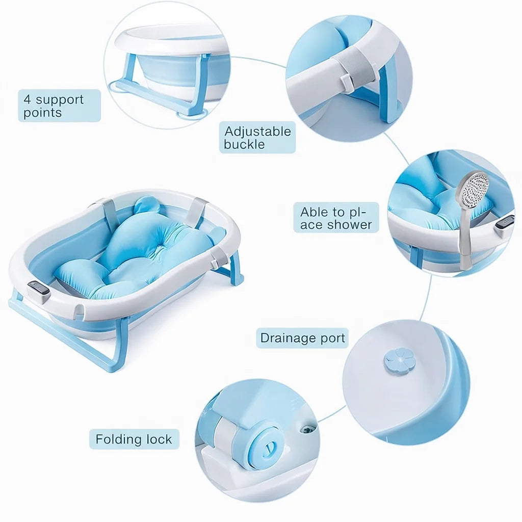 Cadita pliabila albastra pentru nou nascuti cu pernita si termometru incorporat