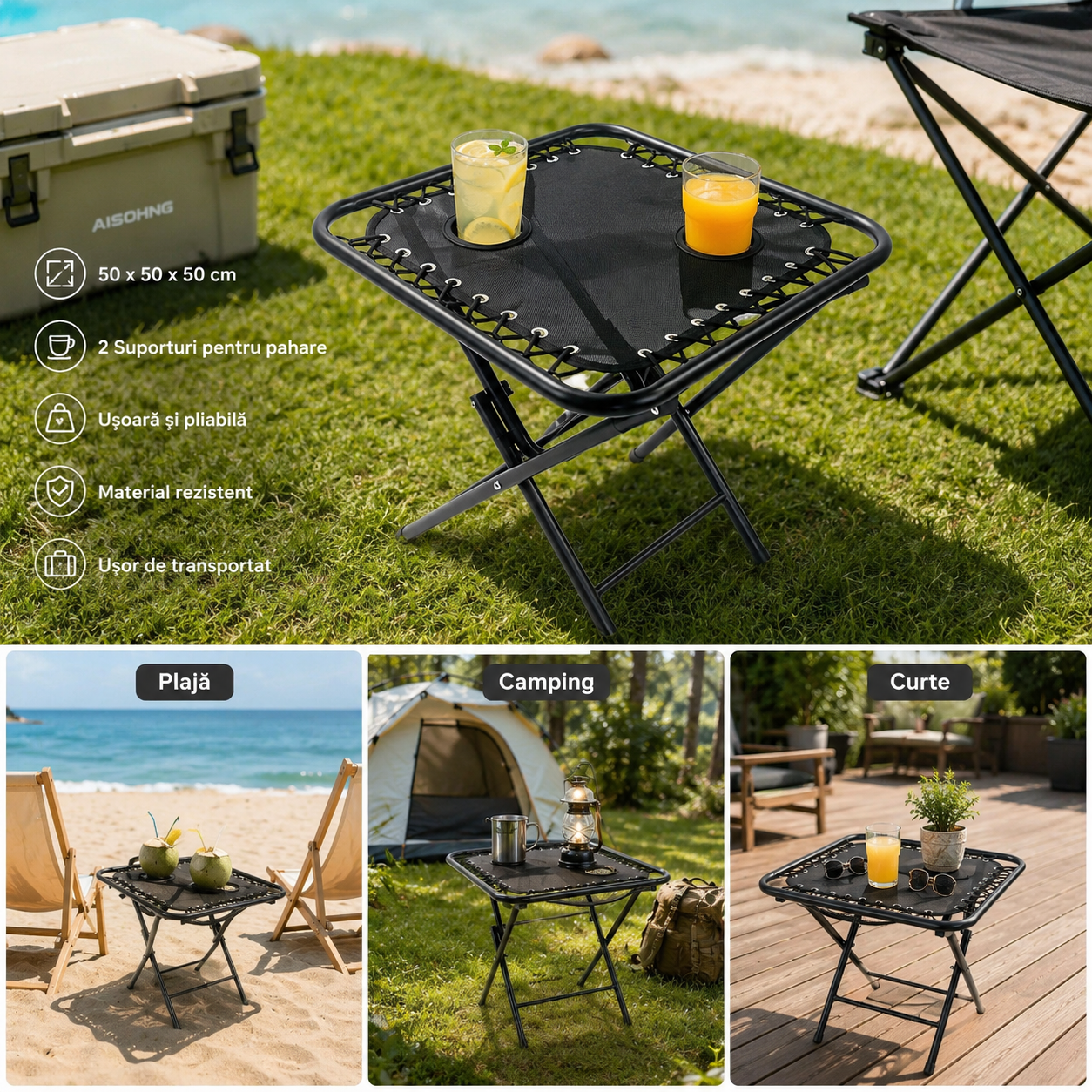 Masă Pliabilă AT PERFORMANCE® pentru Camping și Grădină, 50x50x50 cm, cu 2 Suporturi pentru Pahare, Cadru Metalic
