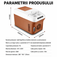 Frigider Auto Portabil AT PERFORMANCE® 15L, 12V/24V și 220V, Funcție Răcire și Încălzire