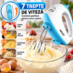 Mixer de Mână Haley 500W, 7 Trepte Viteză, Alb/Albastru, Silențios, Accesorii Incluse