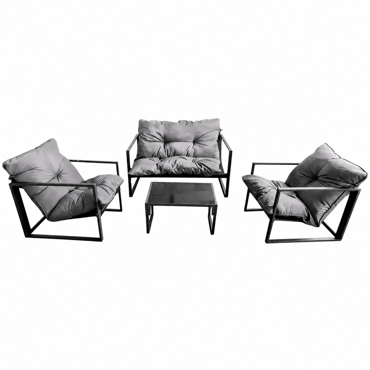 Set Mobilier Grădină AT PERFORMANCE® 4 Piese, Canapea 2 Locuri + 2 Fotolii + Măsuță cu Sticlă Securizată Neagră, Cadru Metalic