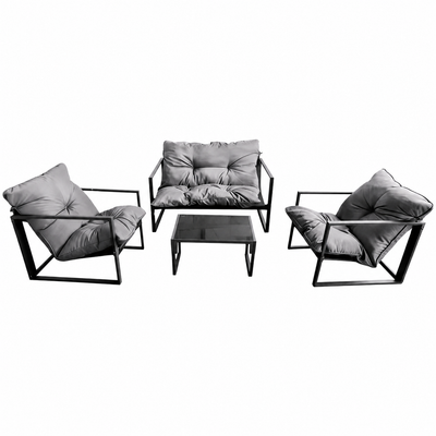 Set Mobilier Grădină AT PERFORMANCE® 4 Piese, Canapea 2 Locuri + 2 Fotolii + Măsuță cu Sticlă Securizată Neagră, Cadru Metalic