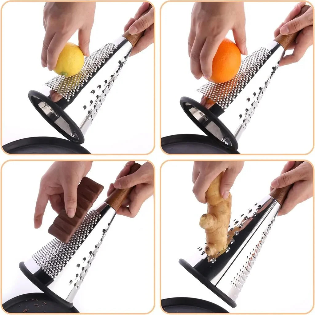 Razatoare Conica Multifunctionala din Inox cu Maner din Lemn – 3 Functii, pentru Branza Parmezan, Legume si Fructe, Baza Anti-Alunecare