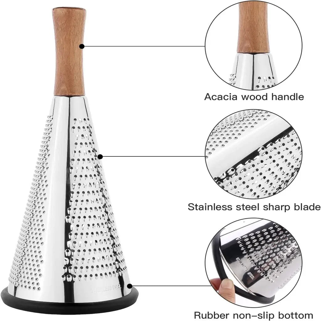 Razatoare Conica Multifunctionala din Inox cu Maner din Lemn – 3 Functii, pentru Branza Parmezan, Legume si Fructe, Baza Anti-Alunecare