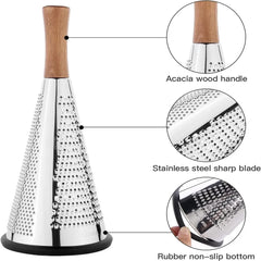 Razatoare Conica Multifunctionala din Inox cu Maner din Lemn – 3 Functii, pentru Branza Parmezan, Legume si Fructe, Baza Anti-Alunecare