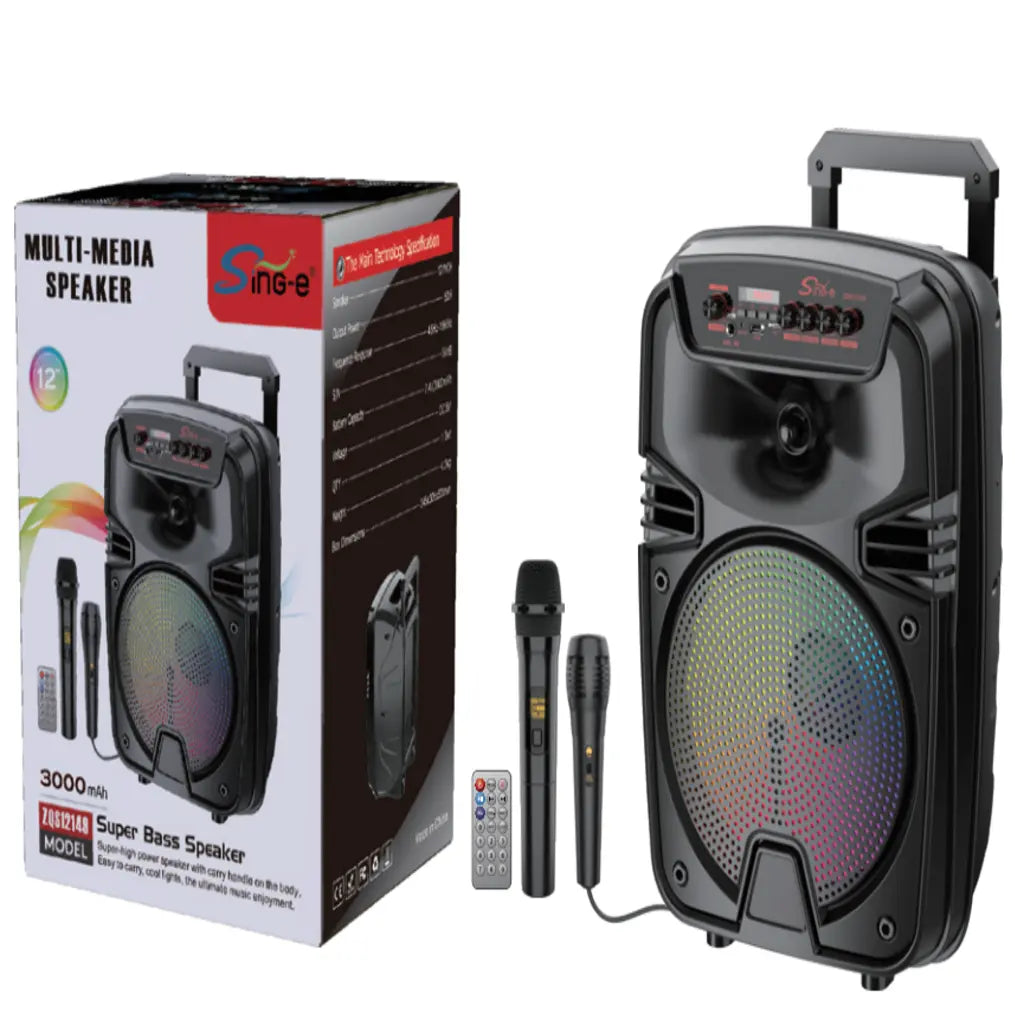 Boxă Portabilă Karaoke Sing-e ZQS12149, 12 Inch, 50W, Bluetooth 5.3, Acumulator 3000mAh, RGB LED, USB/TF/FM, 2 Microfoane Incluse, Telecomandă