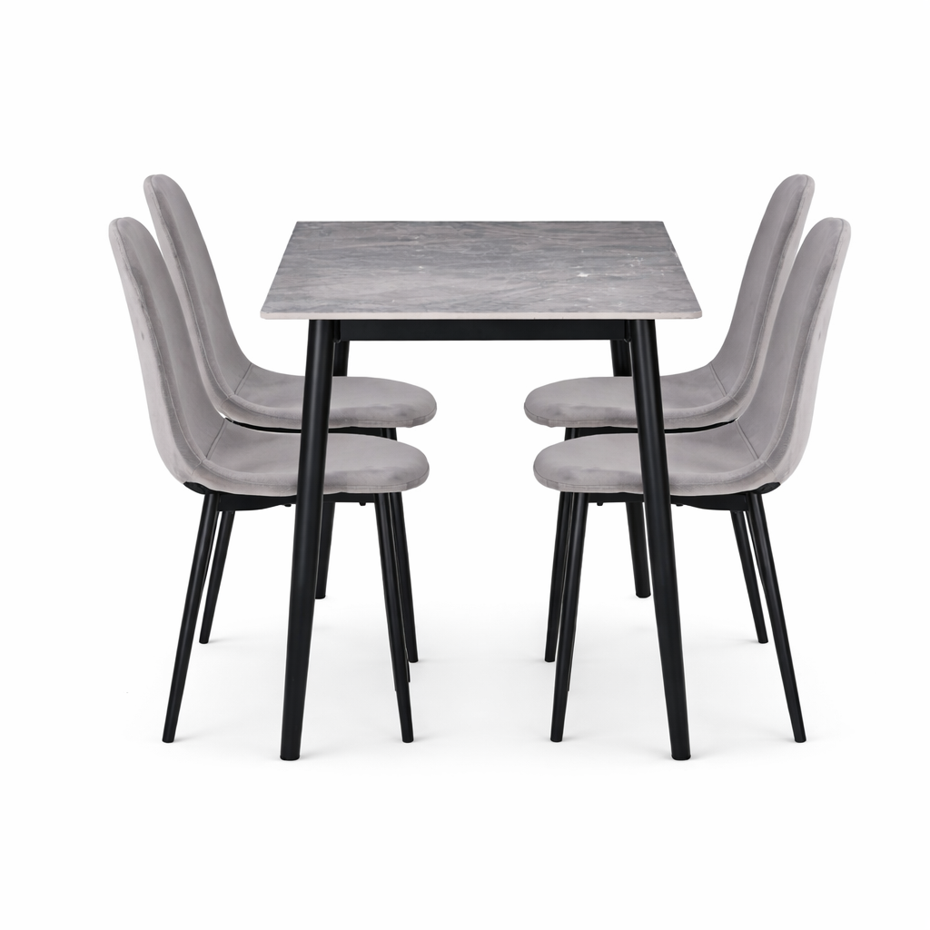 Set masă Bucatarie / Sufragerie cu 4 scaune, blat sintered stone gri și catifea, 120x70 cm