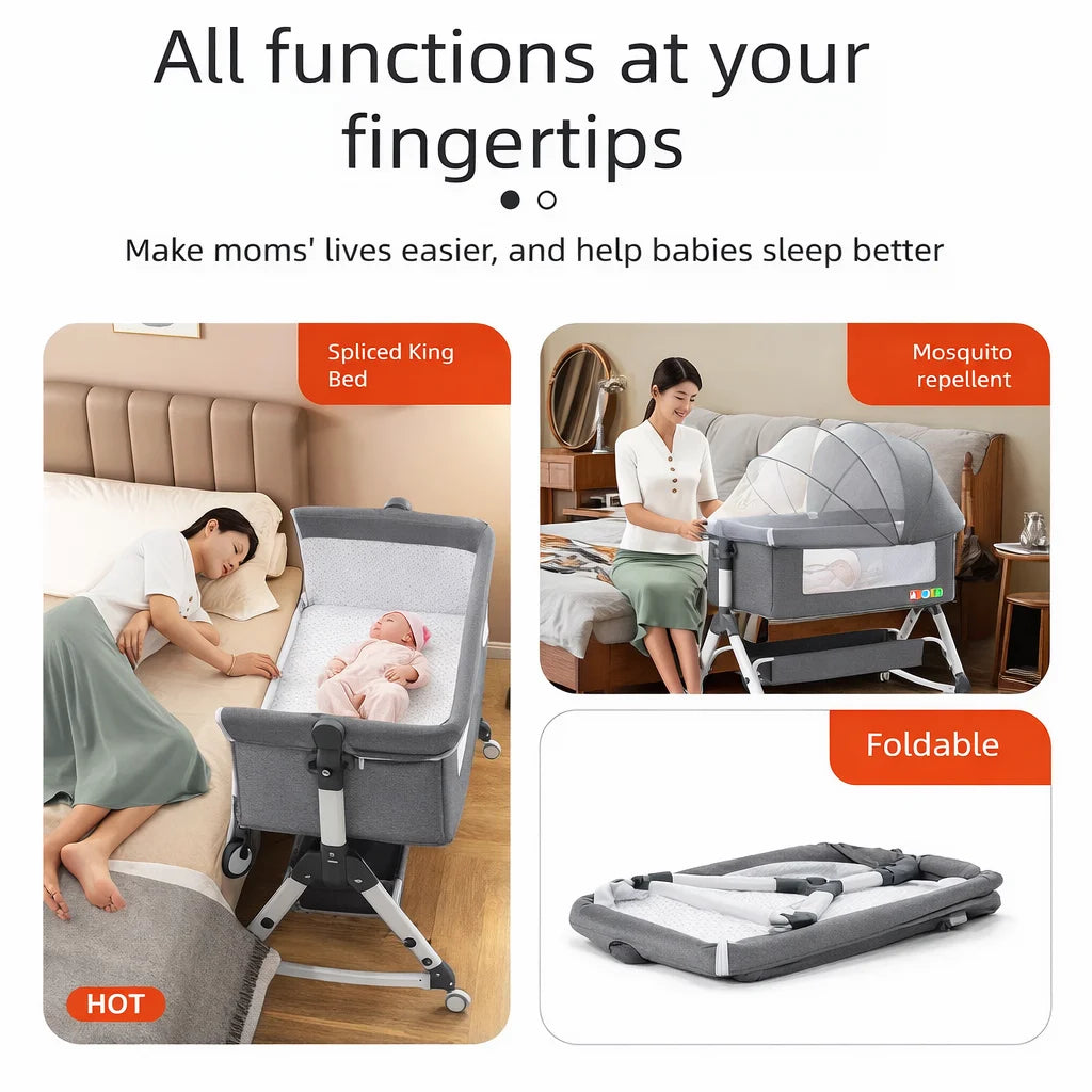 Pat portabil pentru bebeluși AT PERFORMANCE® 3 în 1 cu saltea confortabilă, înălțime reglabilă, roți și pliere ușoară – ideal pentru nou-născuți, gri