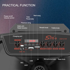 Boxă Portabilă Karaoke Sing-e ZQS12149, 12 Inch, 200W, Bluetooth 5.3, Acumulator 3000mAh, RGB LED, USB/TF/FM, 2 Microfoane Incluse, Telecomandă