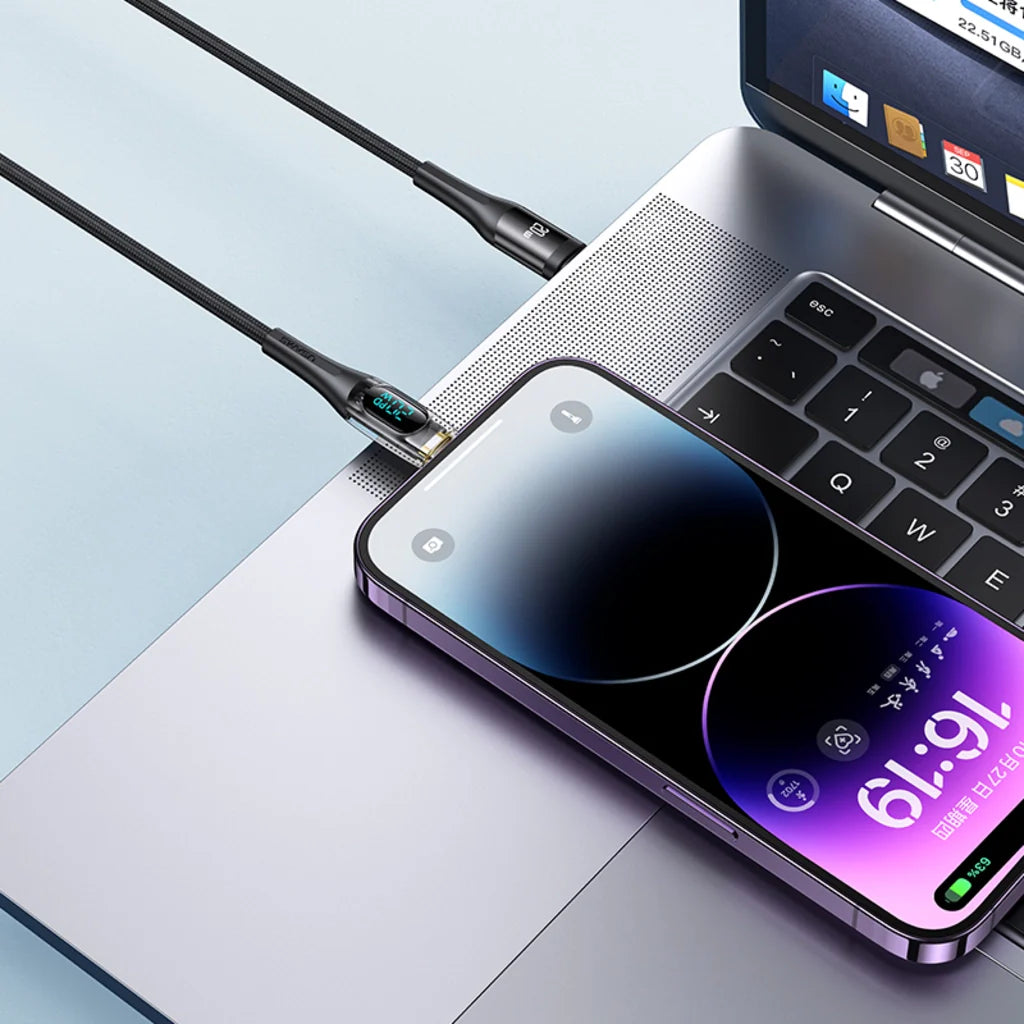 Cablu de încărcare USAMS USB-C – Lightning PD 20W, afișaj digital, design transparent, 1,2 m