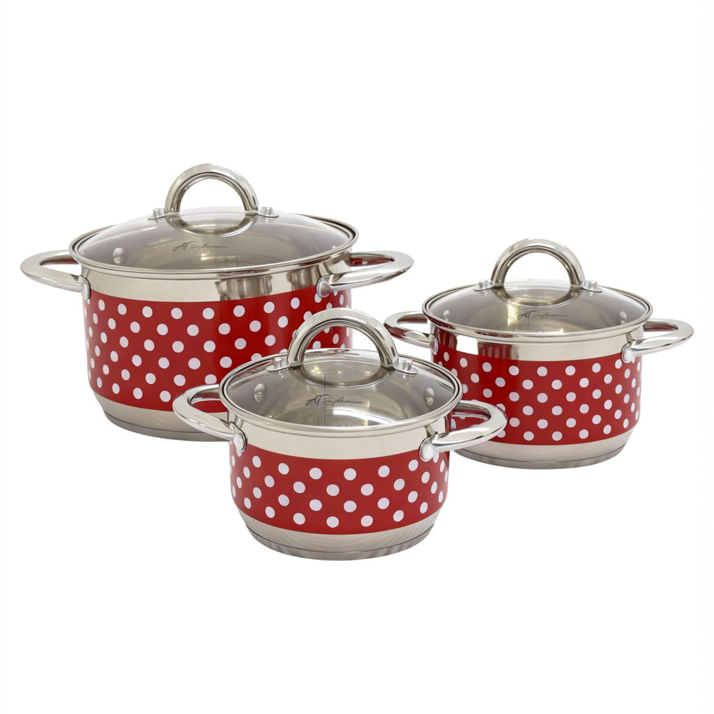 Set Oale din inox 3 Piese cu Capace din Sticlă – Design cu Buline, Compatibile cu Toate Sursele de Căldură