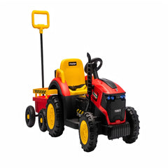 Tractor Electric KIDOO pentru Copii cu Telecomandă 2.4G, Remorcă Detașabilă, 12V 4.5Ah, 2 Motoare 380, Lumini LED, Muzică, Centură de Siguranță, Roșu/Galben