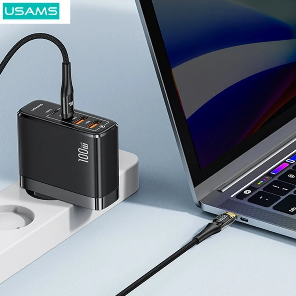Cablu de Date &amp; Încărcare Rapidă USAMS Shadow Series, USB-C la USB-C, 100W PD, Display Digital LED, Nylon Împletit, 1.2m