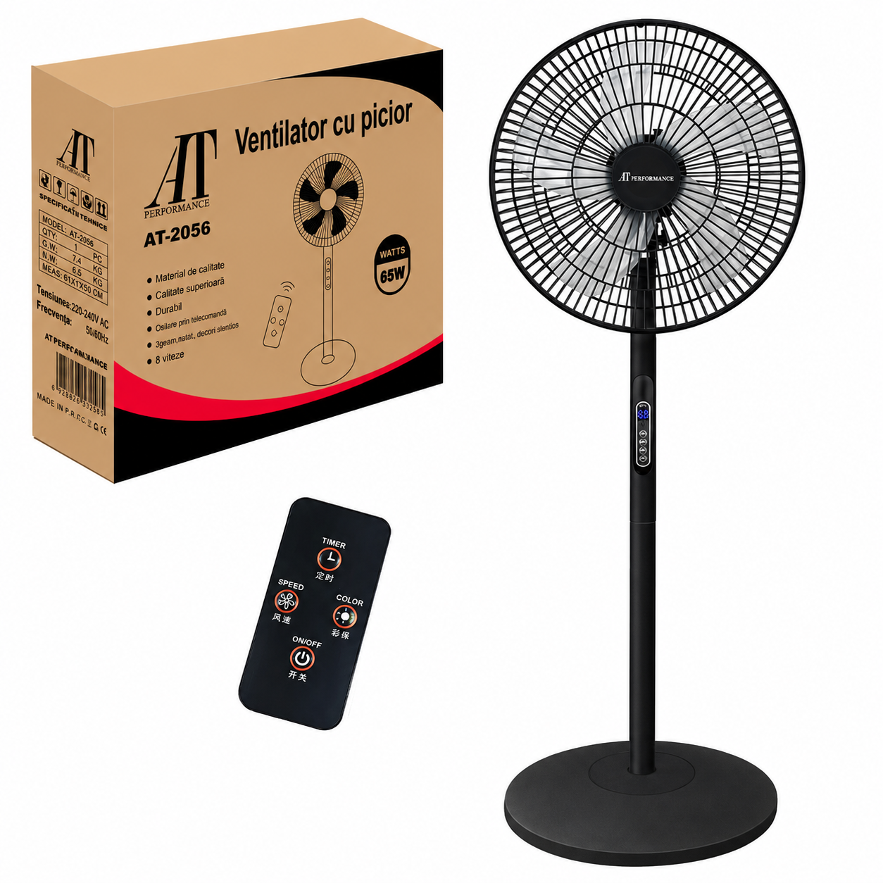 Ventilator cu Picior AT PERFORMANCE® AT-2056, 65W, Telecomandă, 8 Viteze, Oscilație, Display LED, Silentios