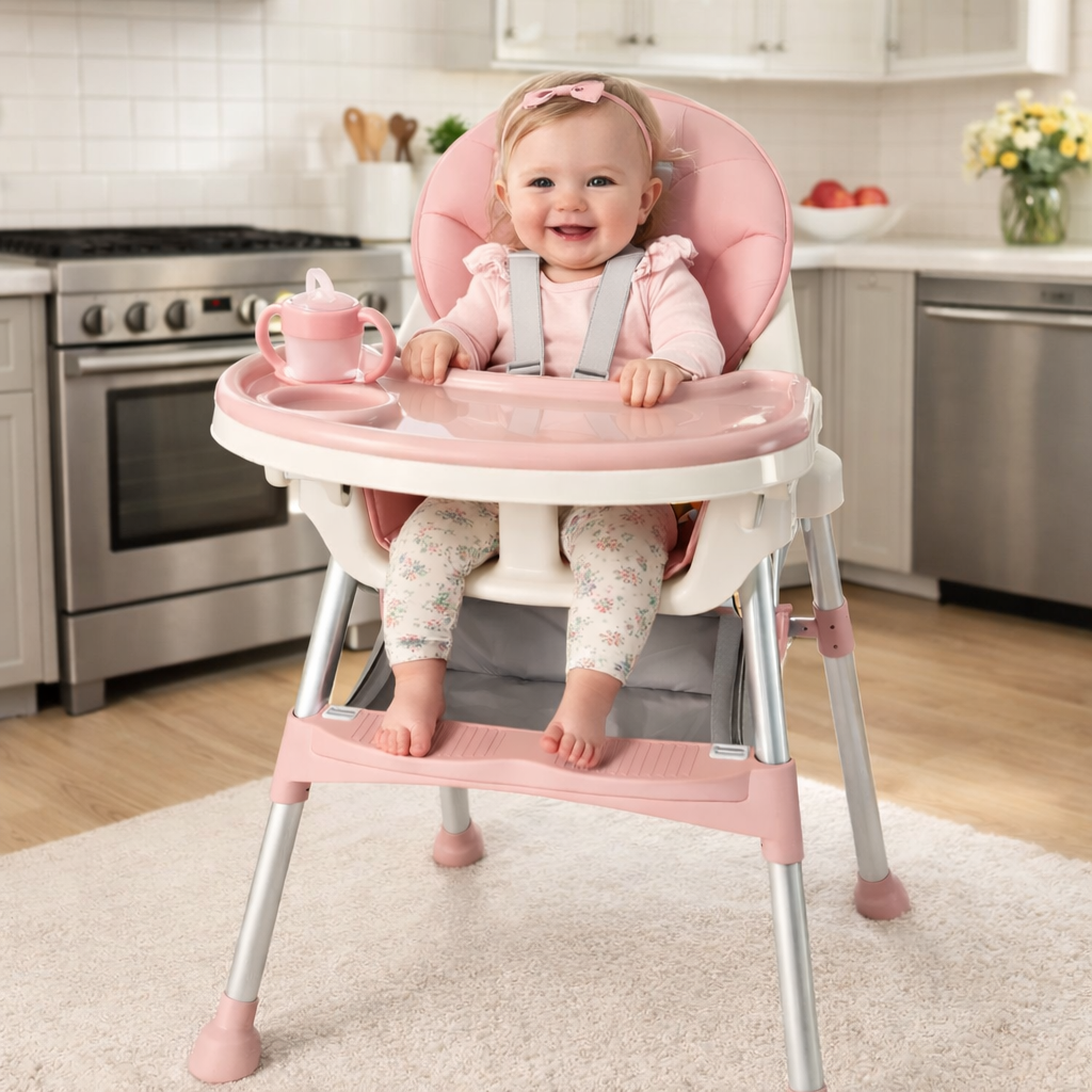 Scaun de masă pentru bebeluși KIDOO KD-44, Roz, cu centură de siguranță în 5 puncte