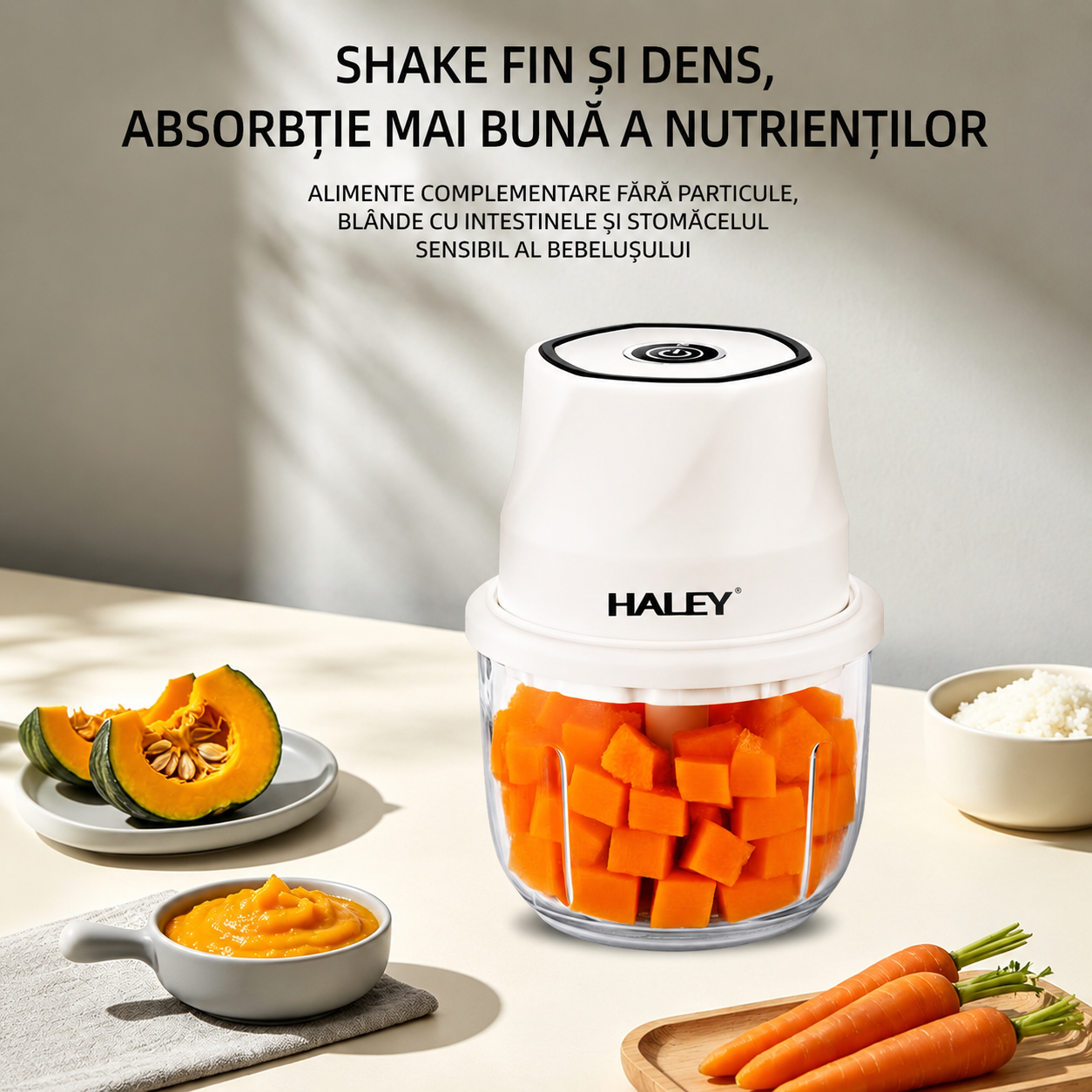 Aparat pentru prepararea și mărunțirea alimentelor HALEY HY-1255, 300W, recipient din sticlă 350 ml, 6 lame din oțel inoxidabil, încărcare USB Type-C