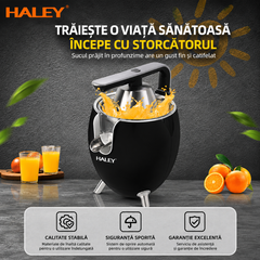 Storcător Electric de Citrice HALEY HY-2965, 500W, 2 Conuri pentru Citrice, Sistem de Presare, Componente din Inox, Funcție Anti-Picurare, Negru