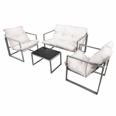 Set Mobilier Grădină AT PERFORMANCE® 4 Piese, Canapea 2 Locuri + 2 Fotolii + Măsuță cu Sticlă Securizată Neagră, Cadru Metalic