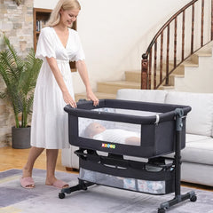 Pătuț Reglabil 6 în 1 AT PERFORMANCE® pentru Bebe – Leagăn, Pătuț de Călătorie, Coș Depozitare, Plasă Țânțari, Saltea Moale, Roți 360°, Gri